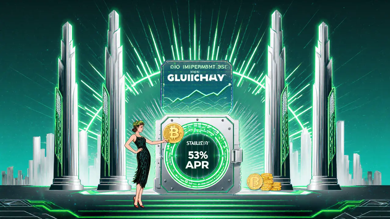 Art Deco vision of a glowing PulseChain yield farm with radiant vaults and modern investors, depicting the only active SparkSwap project.