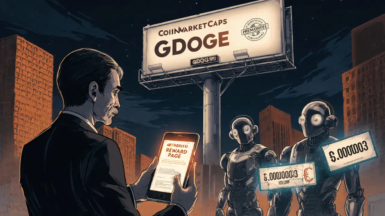 CoinMarketCap billboard with &#039;PREVIEW PAGE&#039; warning, a lonely investor facing a zero reward, bots pumping fake volume.