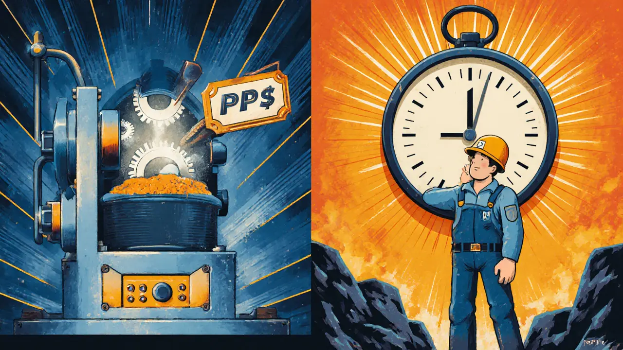 Contrasting PPS daily payments and PPLNS block-dependent rewards in vintage ad style.
