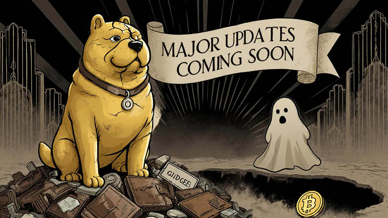 Crumbled golden doge statue atop discarded wallets, a single token falling into a &#039;GAS FEES&#039; abyss under fading promises.