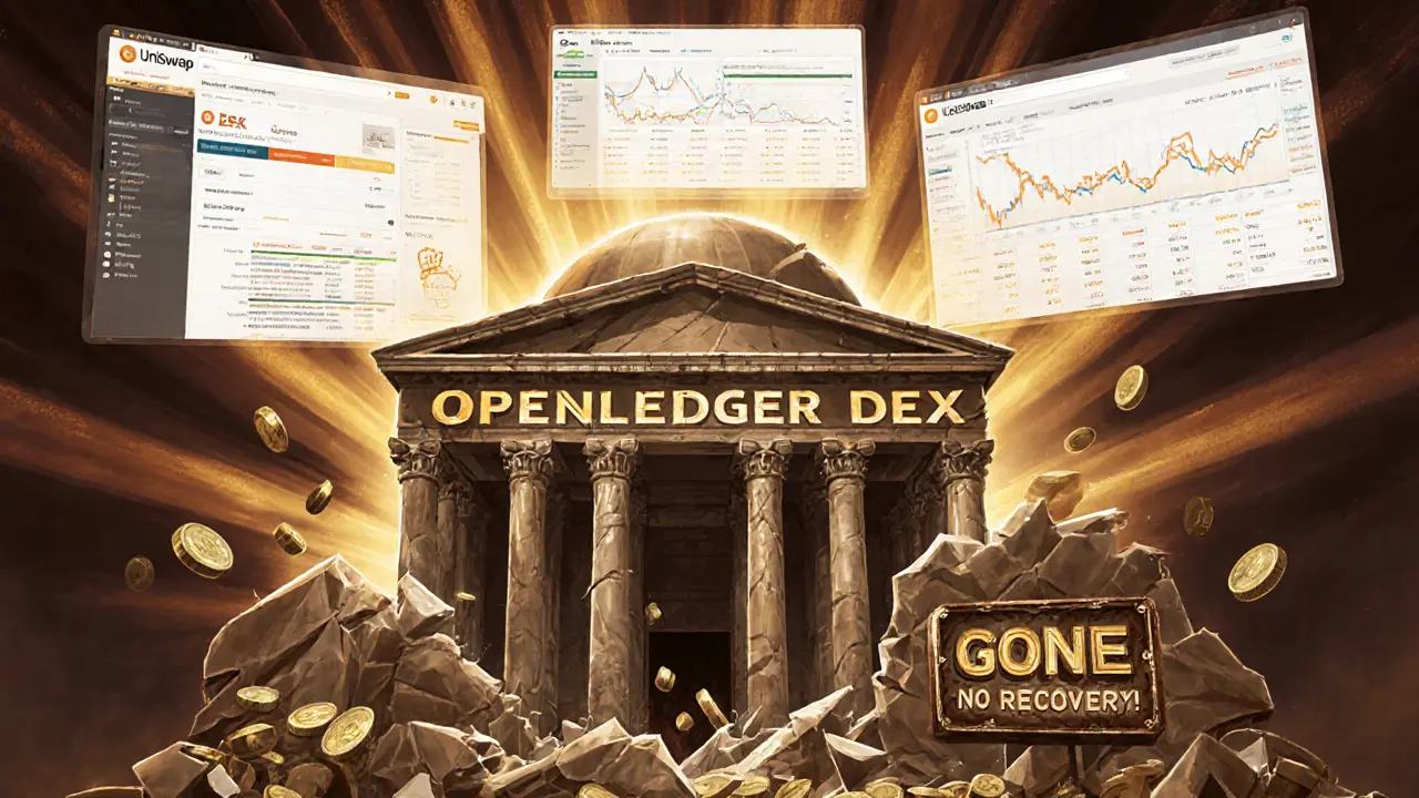 Crumbled OpenLedger temple with coins falling into darkness, while modern DEXs glow brightly in the distance.