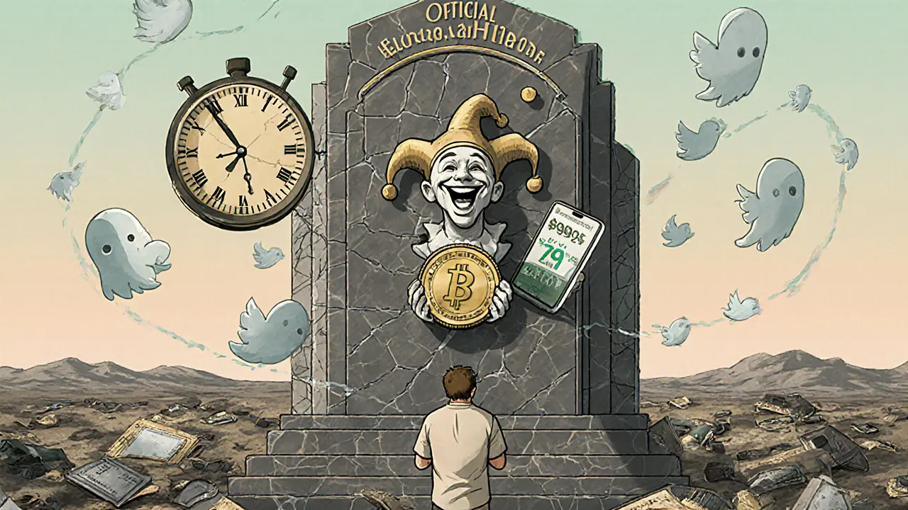 Crumbling ELON monument with jester statue, ghostly wallets, and a lone investor staring at a low price on phone.