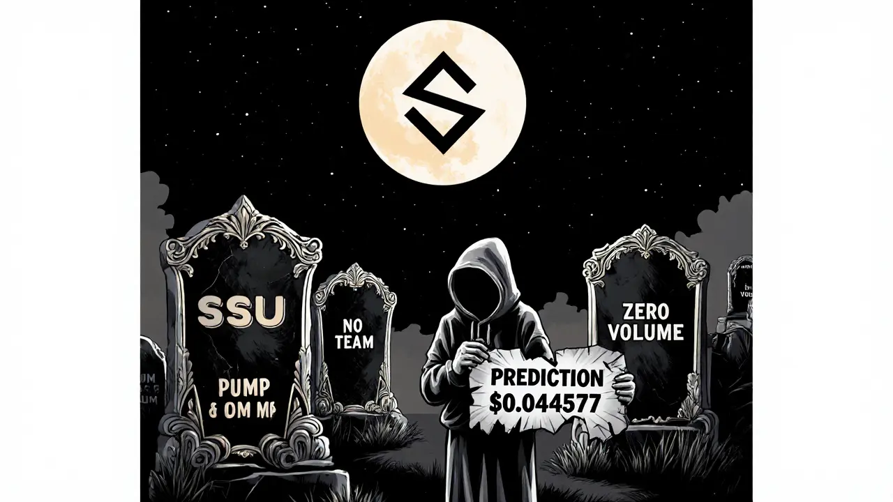 Crypto token graveyard under a Solana-shaped moon, with SSU’s tombstone crumbling.