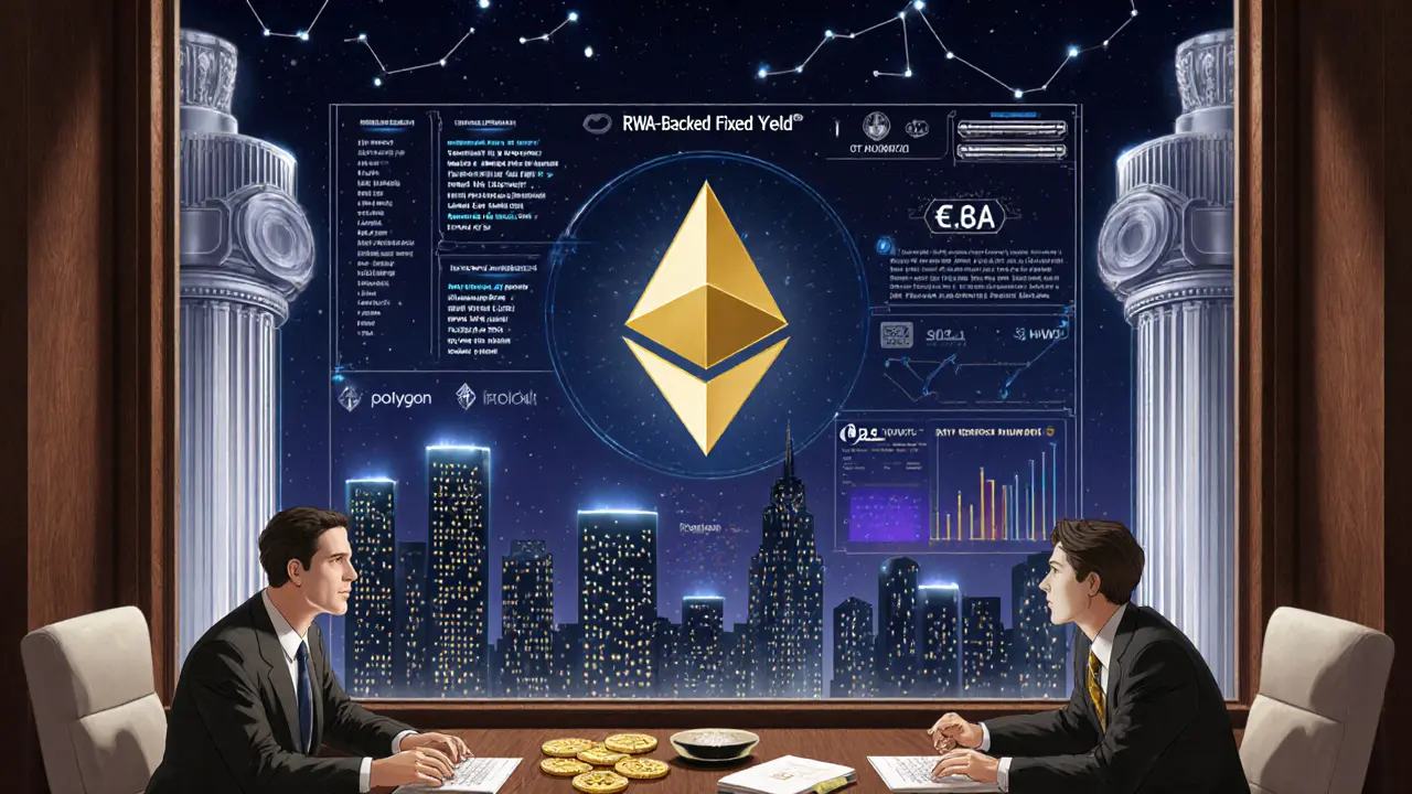 Crypto treasury room with tokenized real assets and glowing fixed-yield bonds under Art Deco architecture.