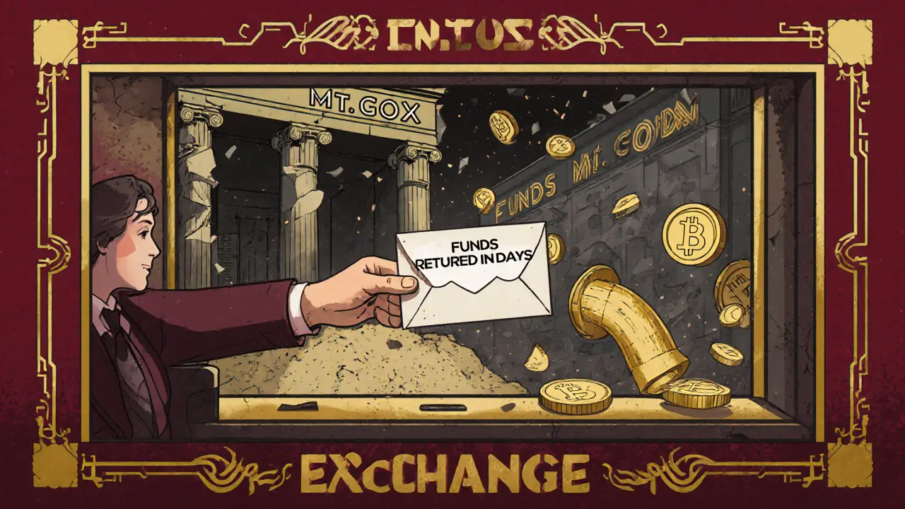 Customer receiving fast crypto refund as failed exchange crumbles behind them.