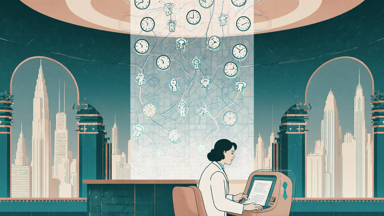 Doctor accessing patient data while floating audit icons form a stained-glass mosaic above a city skyline.