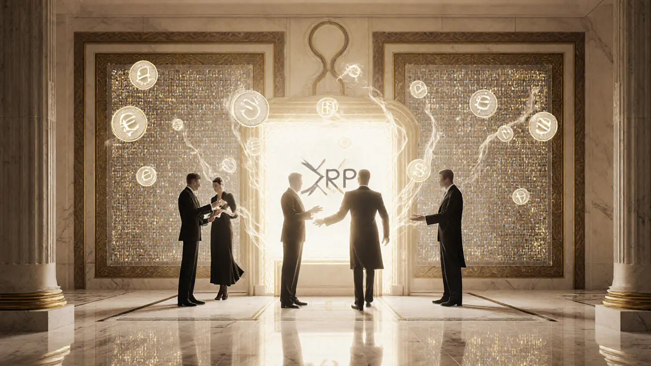 Elegant figures exchanging XRP coins through a glowing Art Deco transaction portal in a banking hall.