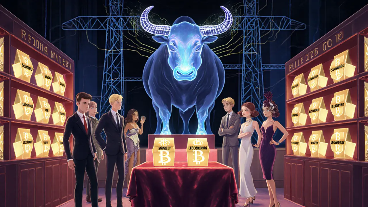 Elegant shoppers browsing glowing NFT mystery boxes in a stylized marketplace.