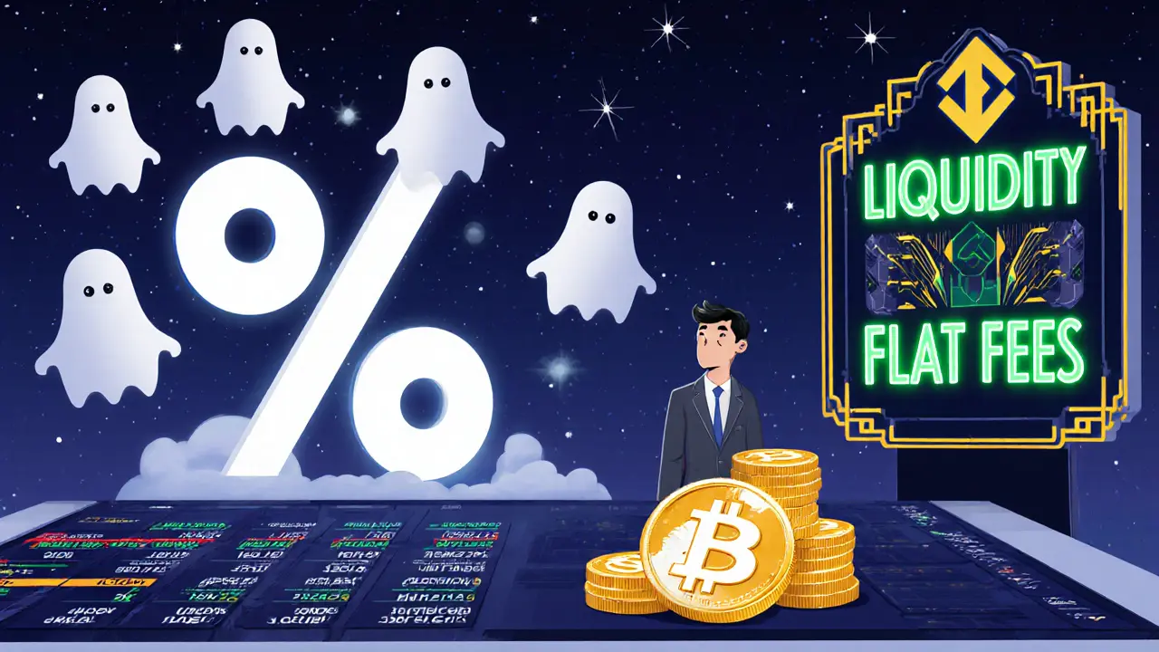 Empty DEX dashboard with a giant percentage symbol consuming Bitcoin coins, contrasted with thriving exchange billboards.