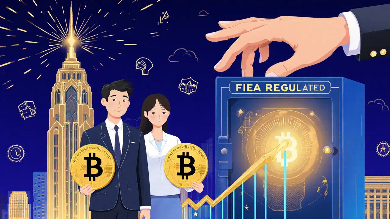 Family holding crypto tokens guided by regulatory hand into a secure, labeled vault.