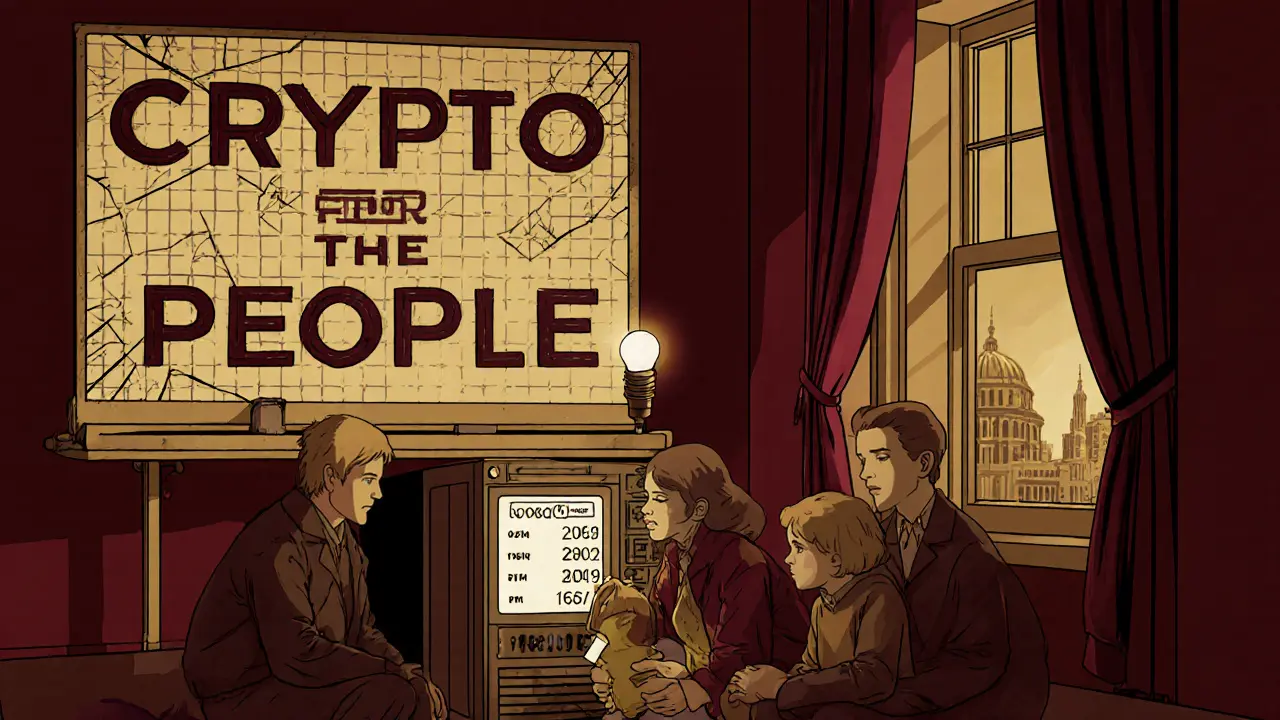 Family mining at home with USDT screen glowing, behind a cracked grid and government billboard.