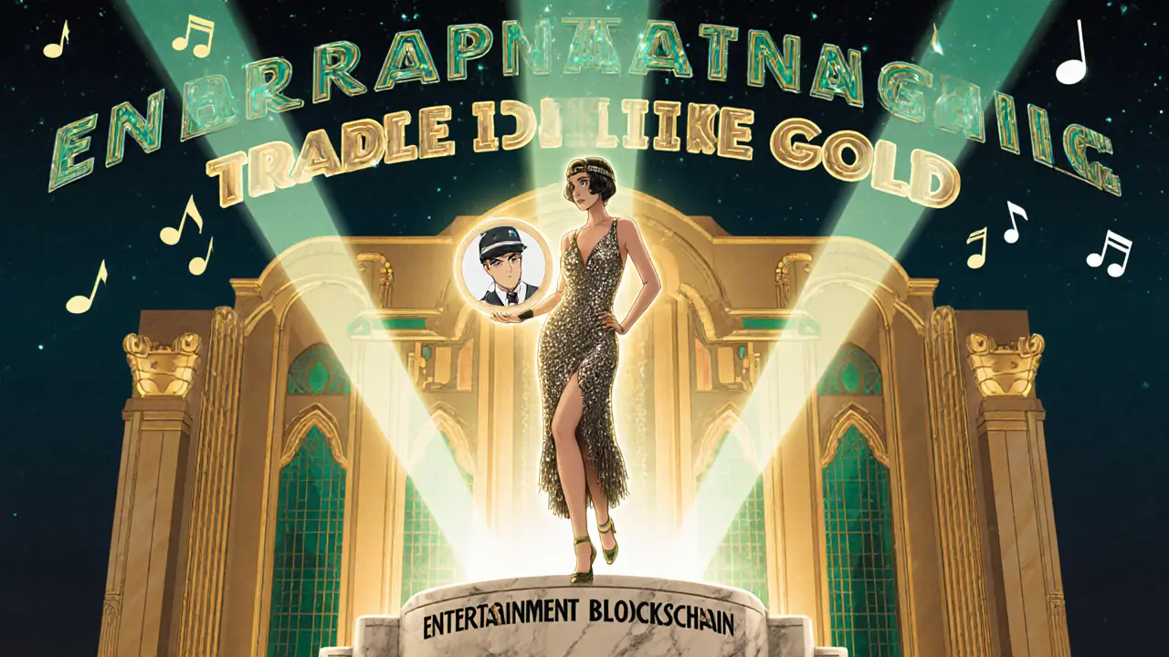 Flapper woman holding a Sony anime NFT, stepping onto a blockchain platform surrounded by music and game tokens.