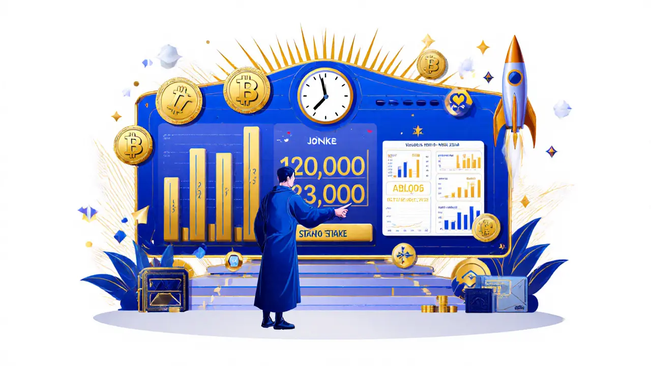 Futuristic dashboard with DYP tokens, NFT icons, and launchpad rockets in geometric Art Deco design.