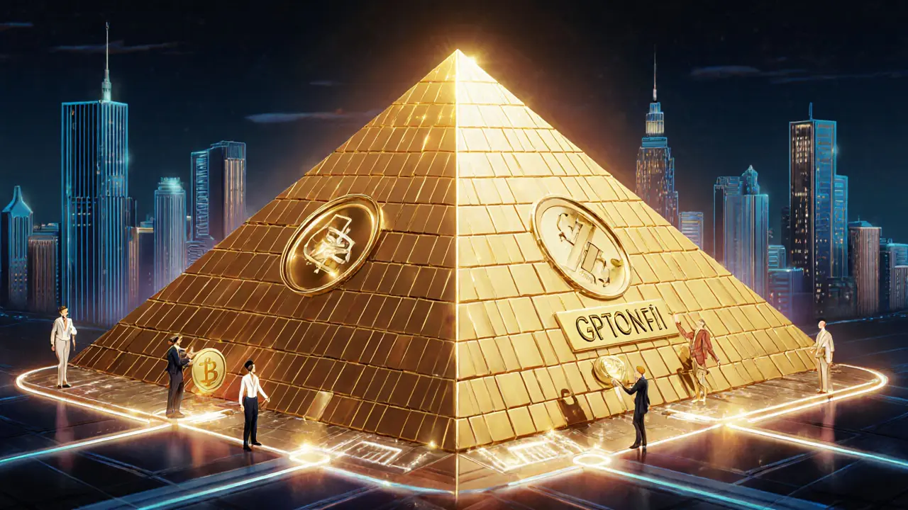 Golden TON blockchain pyramid with figures converting game points into tokens under radiant Art Deco lighting.