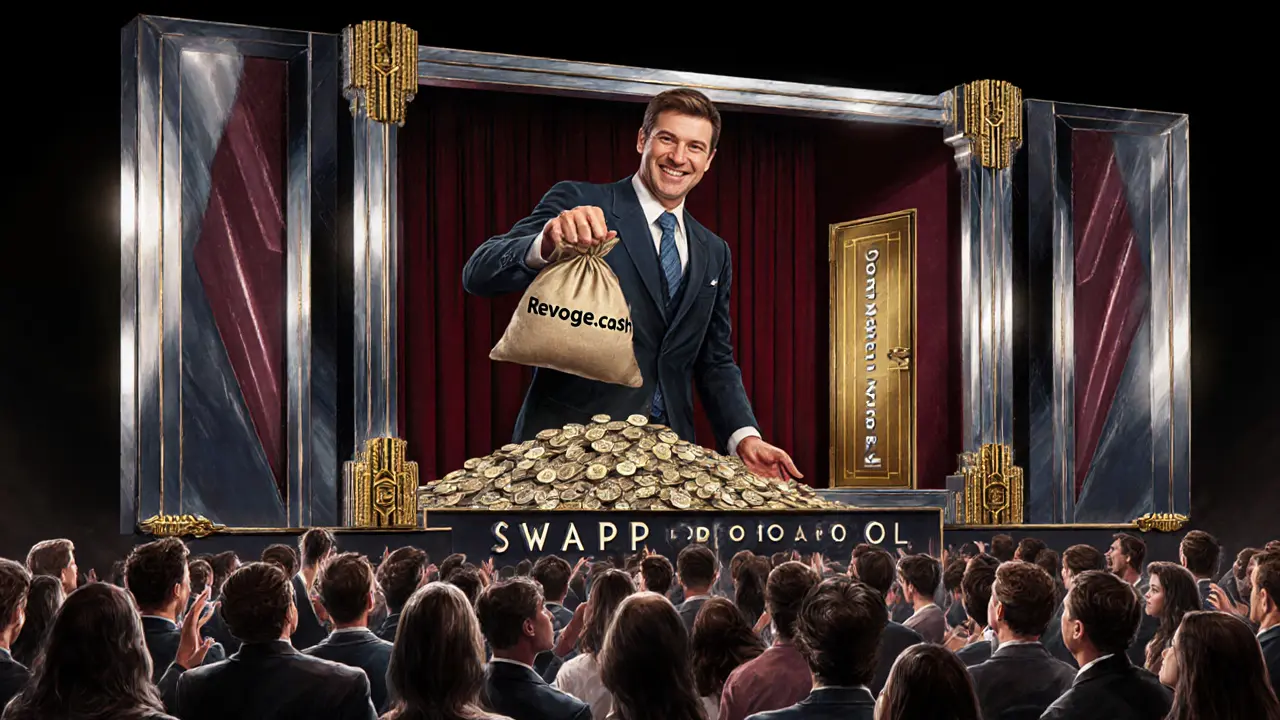 Grand billboard with executive giving coins to crowd, hidden door labeled &#039;Revoke.cash&#039; glowing behind him in Art Deco style.