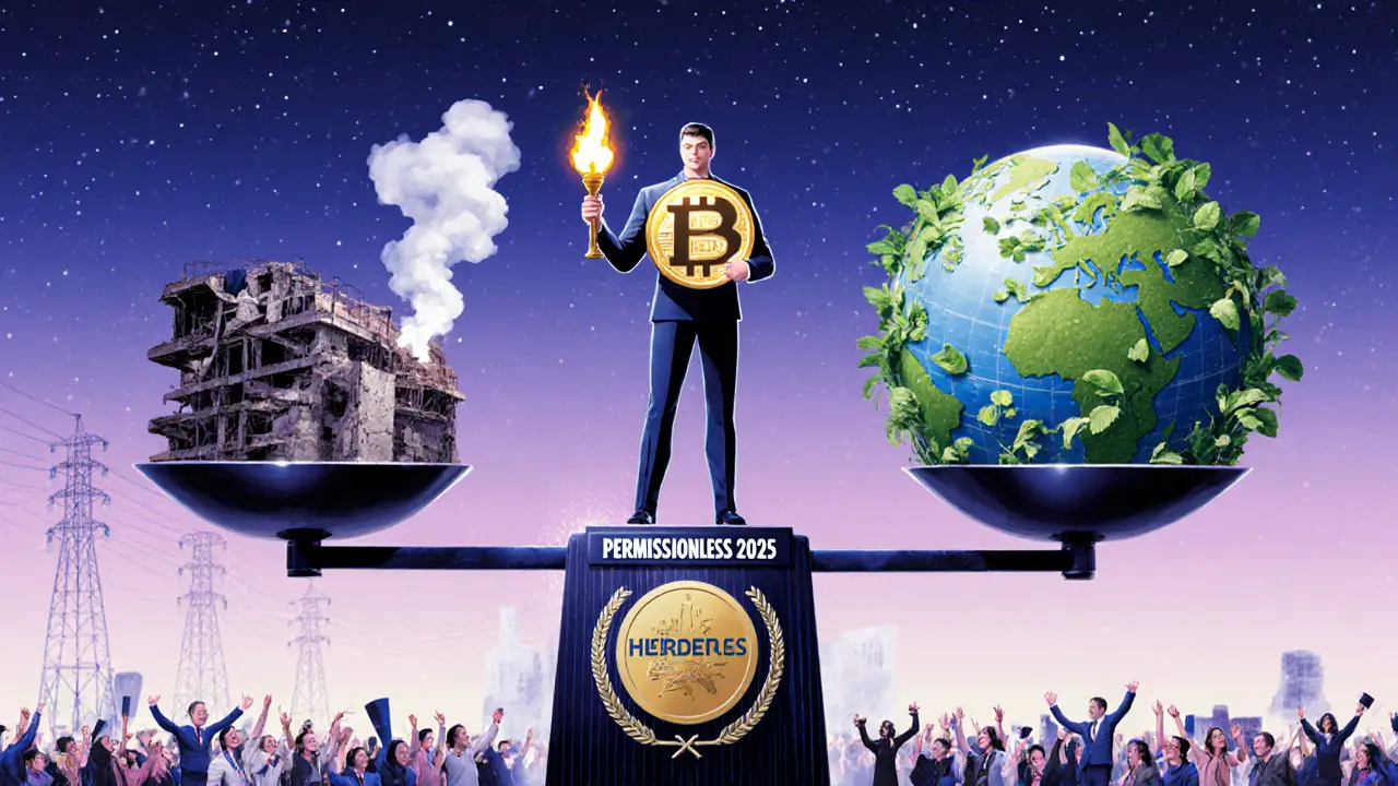 Heroic figure holding HBAR torch, energy scale contrasting Bitcoin pollution with clean Hedera network.