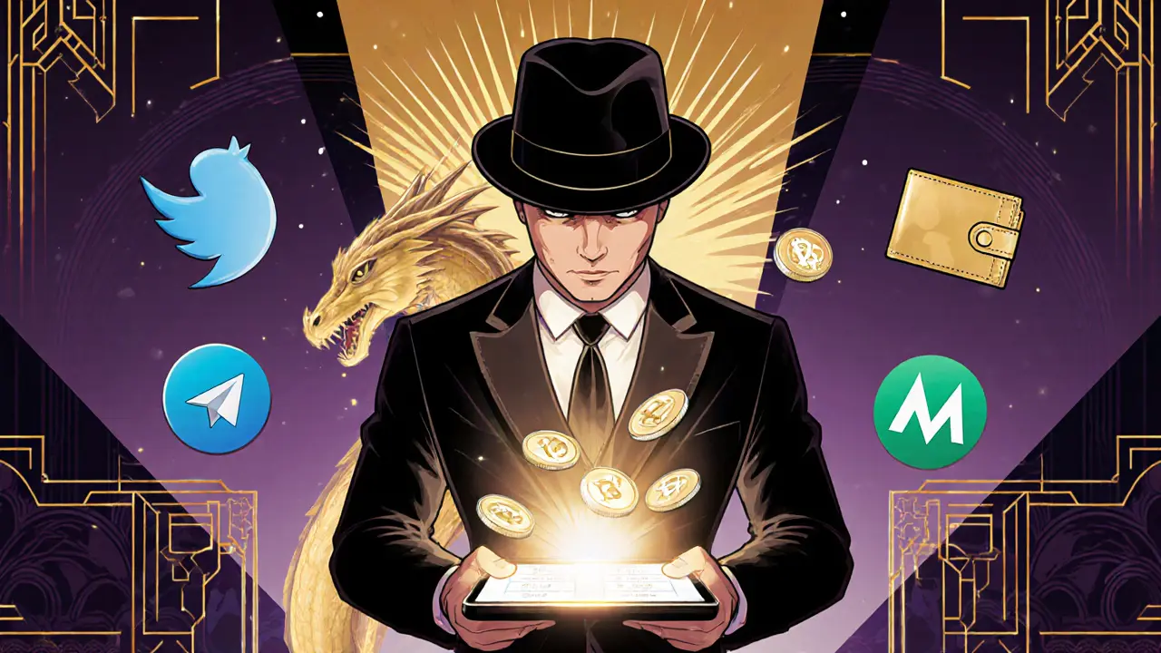 Player completing a quiz with floating social media icons and a digital dragon breathing tokens.