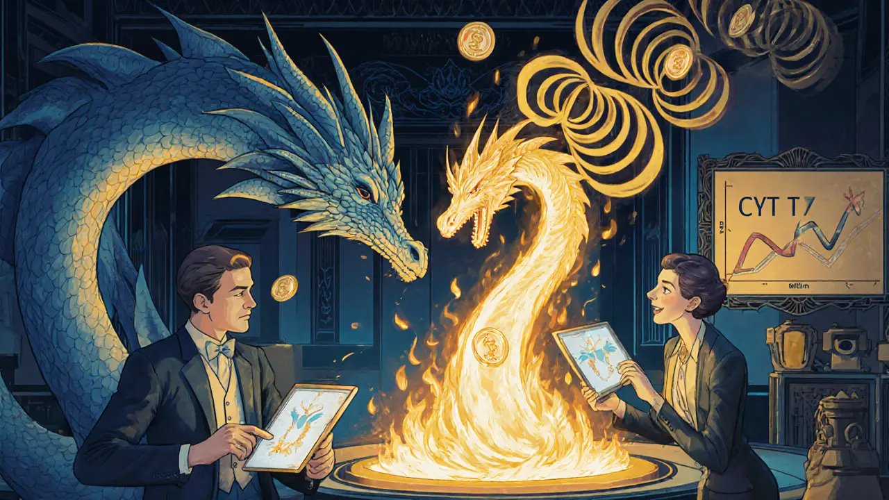 Players breeding dragons in a holographic lab, burning tokens in a golden Art Deco flame.