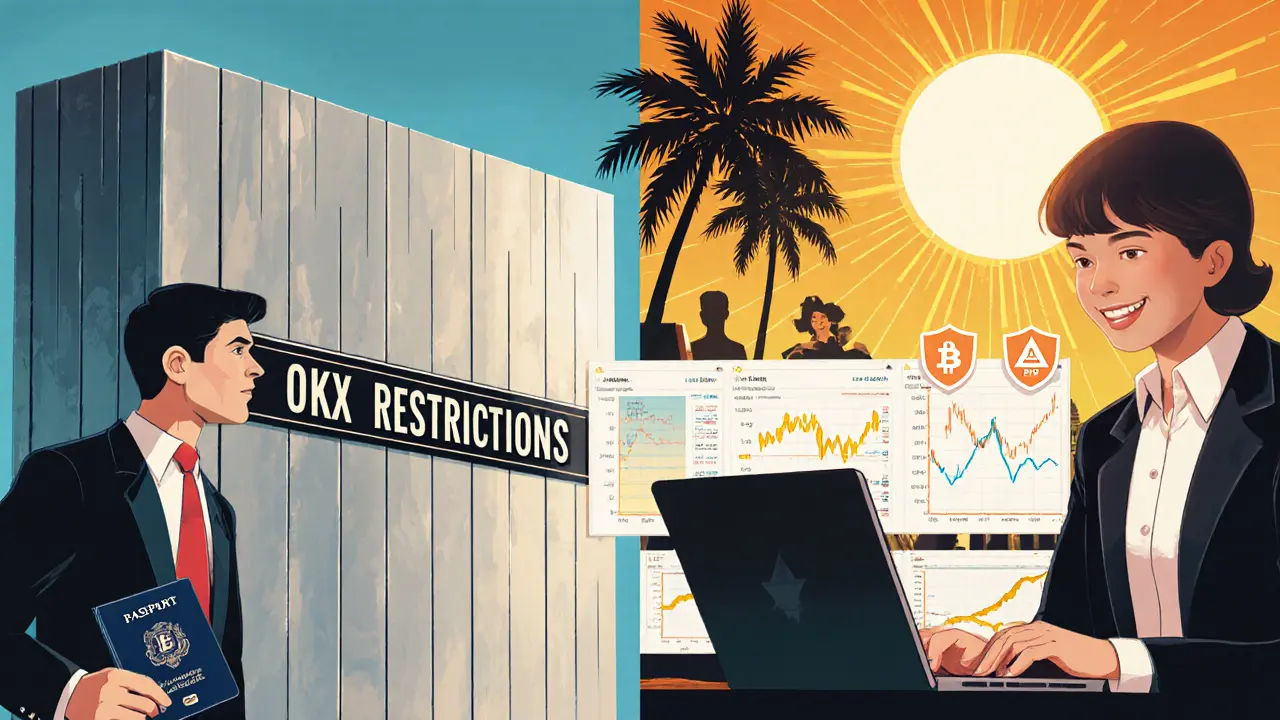 Split illustration: a blocked U.S. traveler versus a thriving trader in Thailand, with Art Deco sunbursts and regulatory shields.
