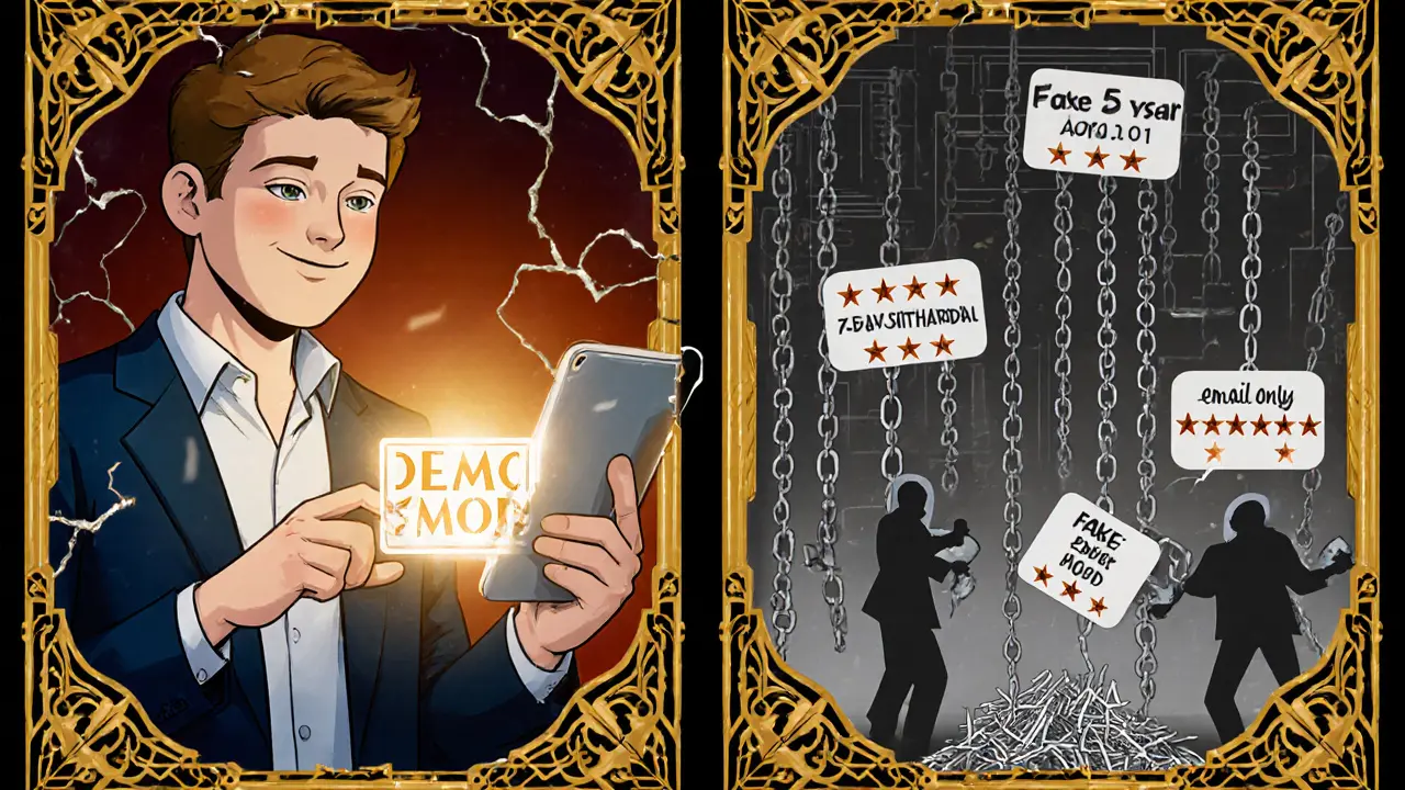 Split illustration of a happy beginner trader versus the same person trapped in a maze of withdrawal delays and fake reviews.