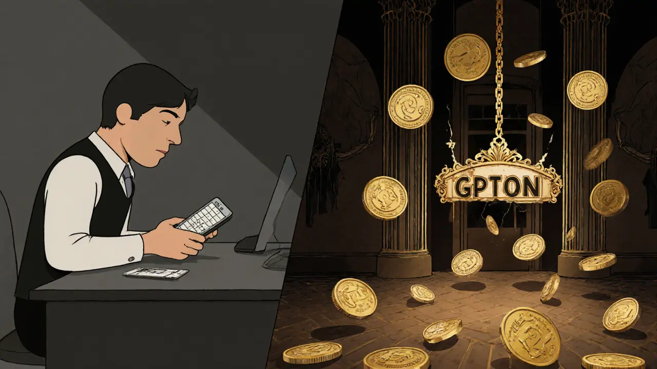 Split image: lonely gamer vs. lavish token-filled ballroom, symbolizing the illusion of crypto rewards.