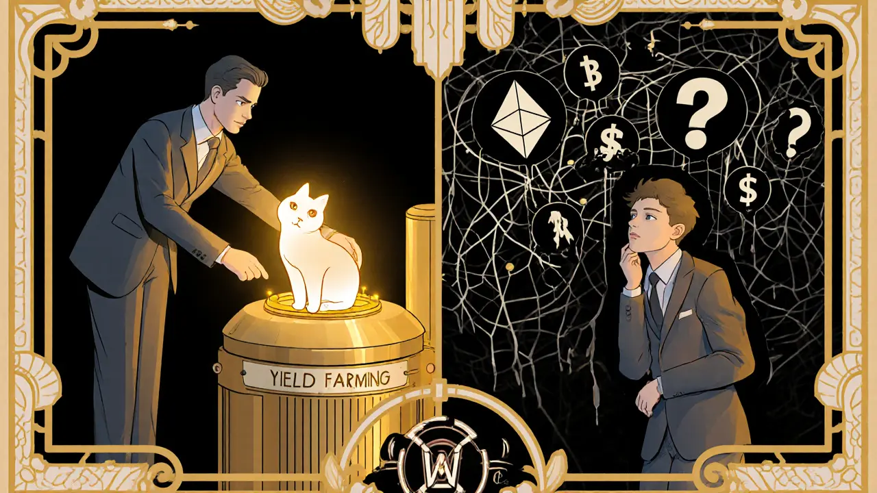 Split scene: a man staking an NFT cat next to a confused newcomer surrounded by tangled blockchain networks.