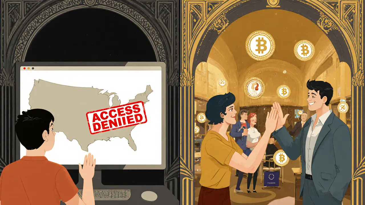 Split scene: blocked US user vs. thriving European trader in Art Deco style, symbolizing OMGFIN&#039;s geographic restriction.