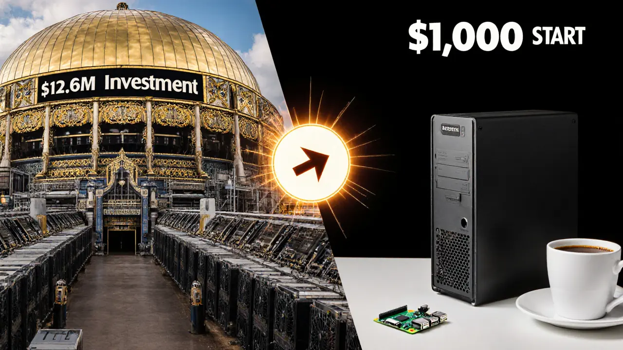 Split scene: massive solo mining farm vs. small pool miner, with arrow pointing to &#039;Smart Choice&#039;.