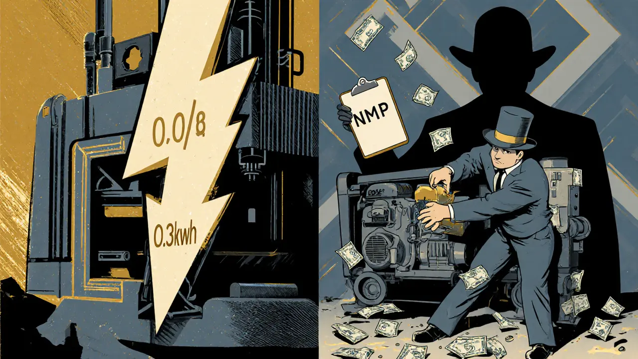 Split scene: miner with idealized cheap power vs. struggling with diesel generator, watched by NMP official.