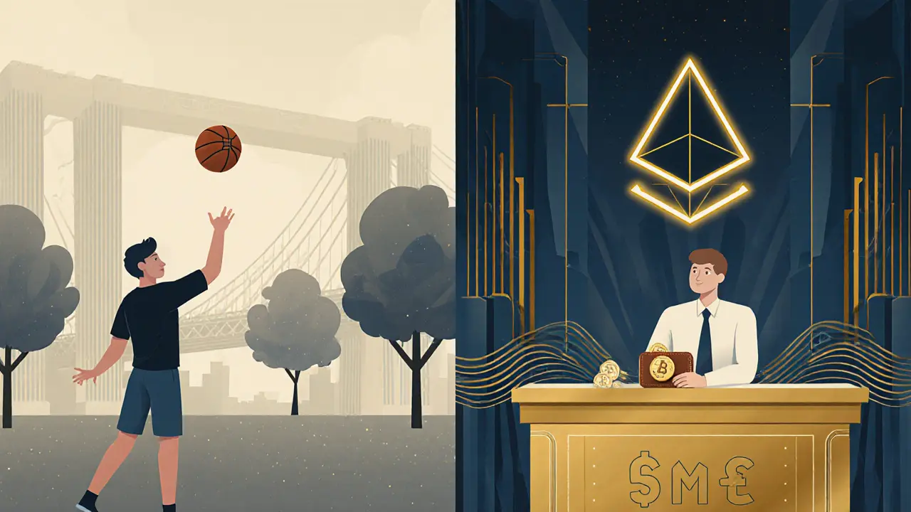 Split scene: someone playing basketball and withdrawing GMEE tokens at a stylized bank counter.