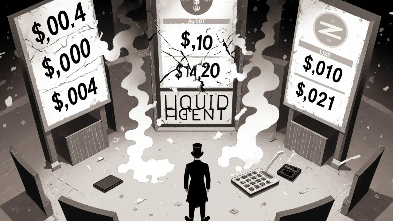 Three conflicting price boards on a chaotic trading floor with a confused observer.