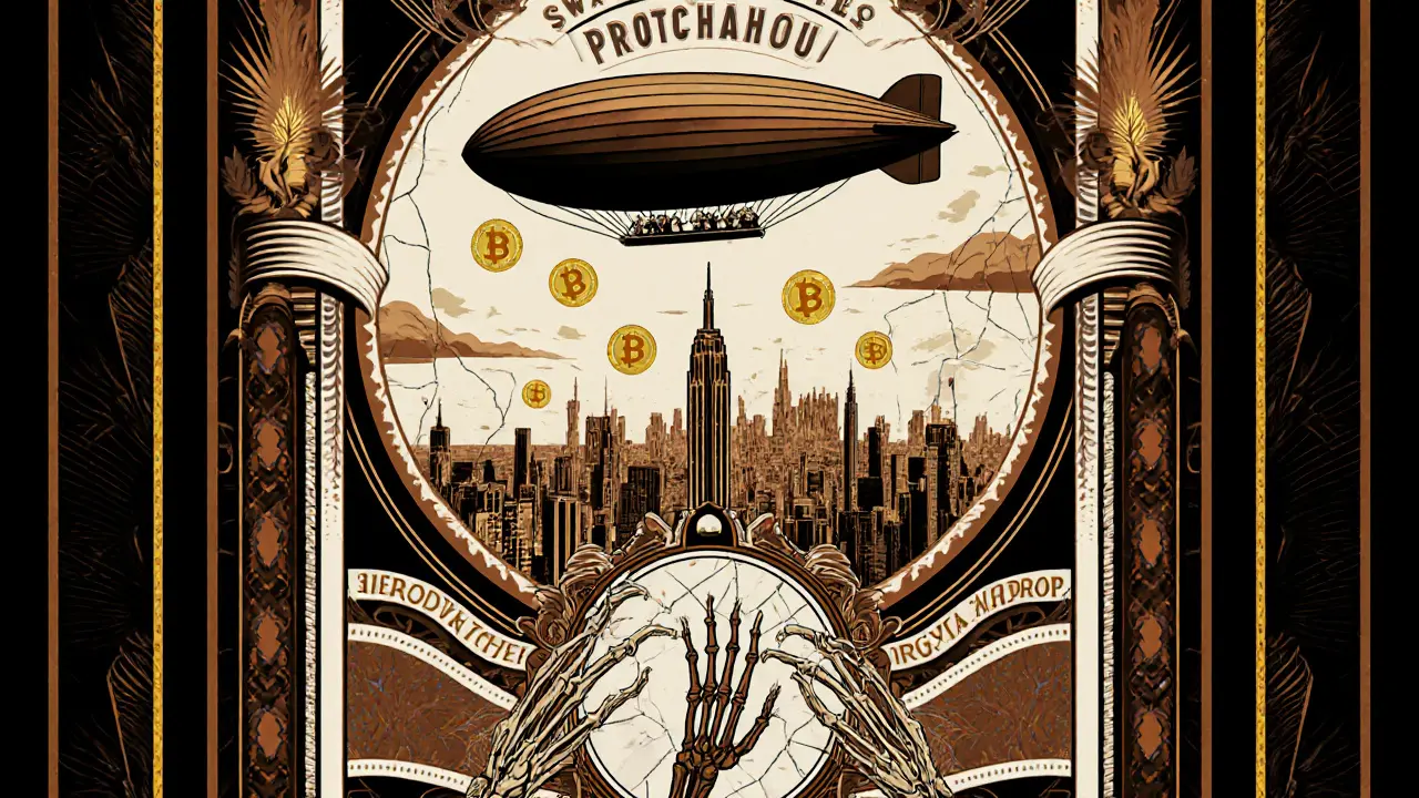 Vintage travel poster with airship carrying SWAPP tokens, while mirrored reflection shows hands stealing crypto from passengers.