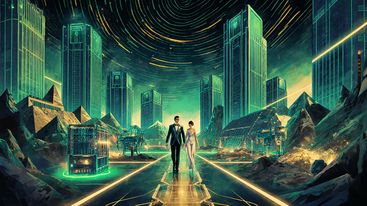 Virtual mining metaverse with Art Deco towers connected to real-world mines.