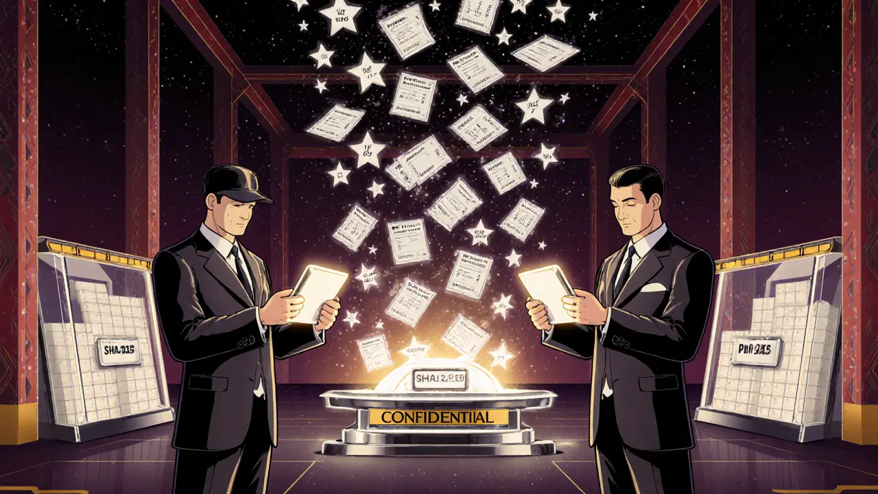 Warehouse workers scanning products as golden hash receipts rise into a starry public ledger sky.