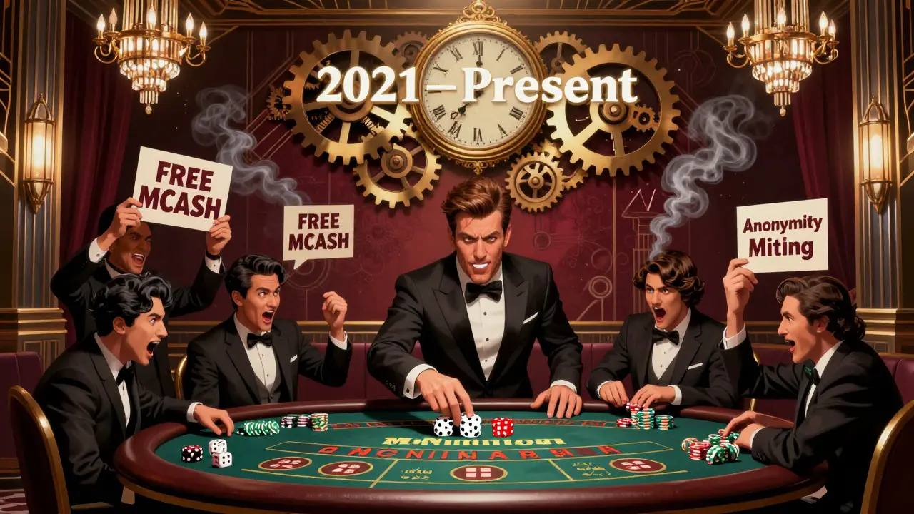 1920s casino scene where one gambler wins with anonymity mining while others chase fake airdrop signs.