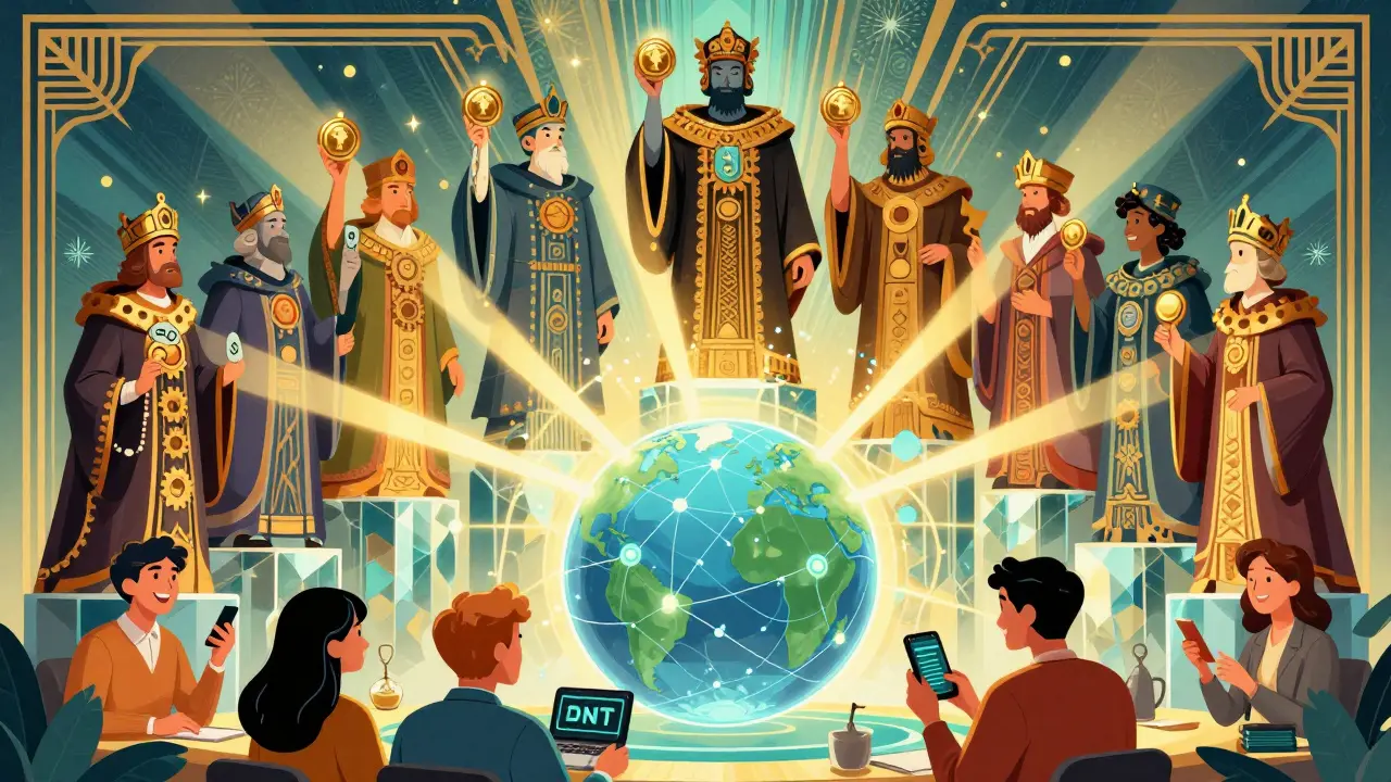 21 validator figures in ornate robes governing a blockchain tower with voting tokens and light beams.