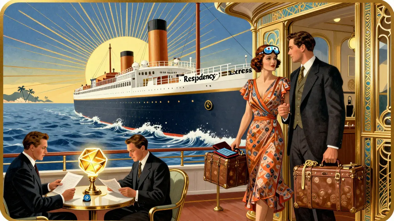 A couple boards a luxury ship labeled 'Crypto Residency Express,' carrying crypto wallets and legal documents.