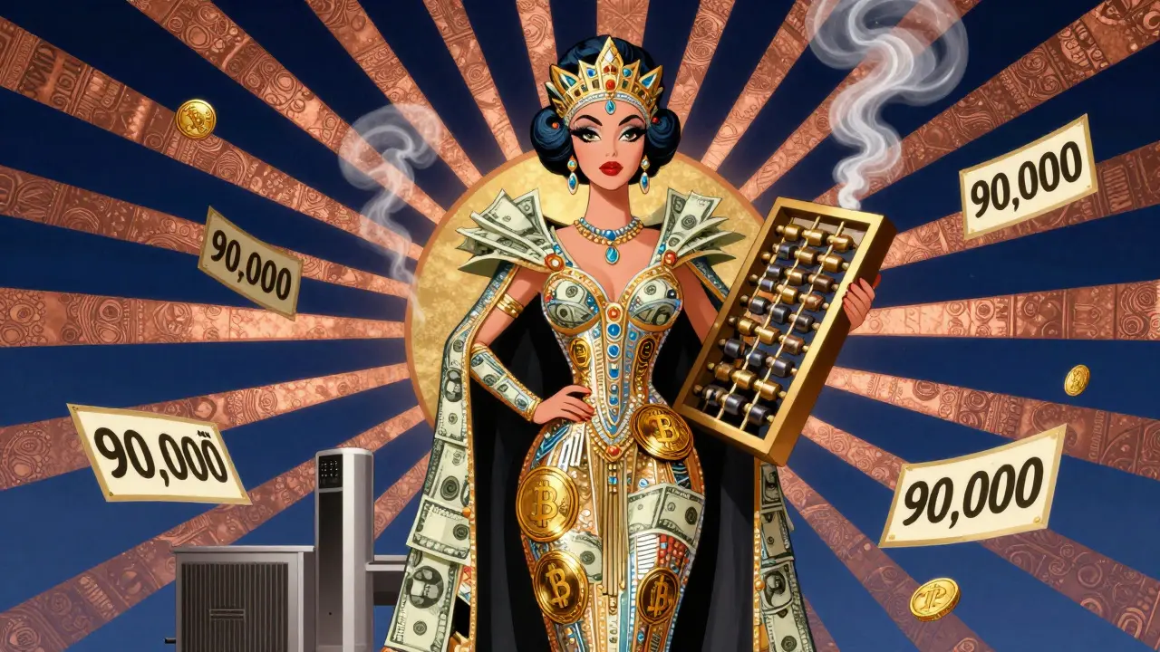 A glamorous Art Deco figure of Lady Tax tallies crypto gains with a glowing abacus under a sky of exemption signs.