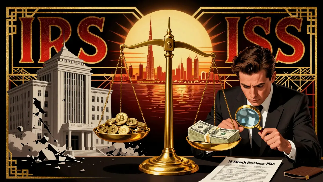 A golden scale balances Bitcoin against cash, with a client reviewing a residency plan as an IRS building crumbles.