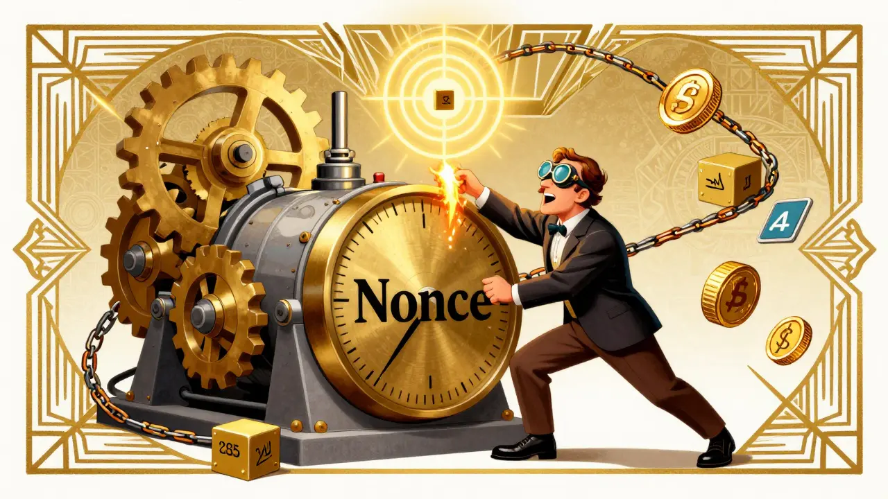 A miner turning a giant nonce dial as a hashing engine sparks toward a target block hash.