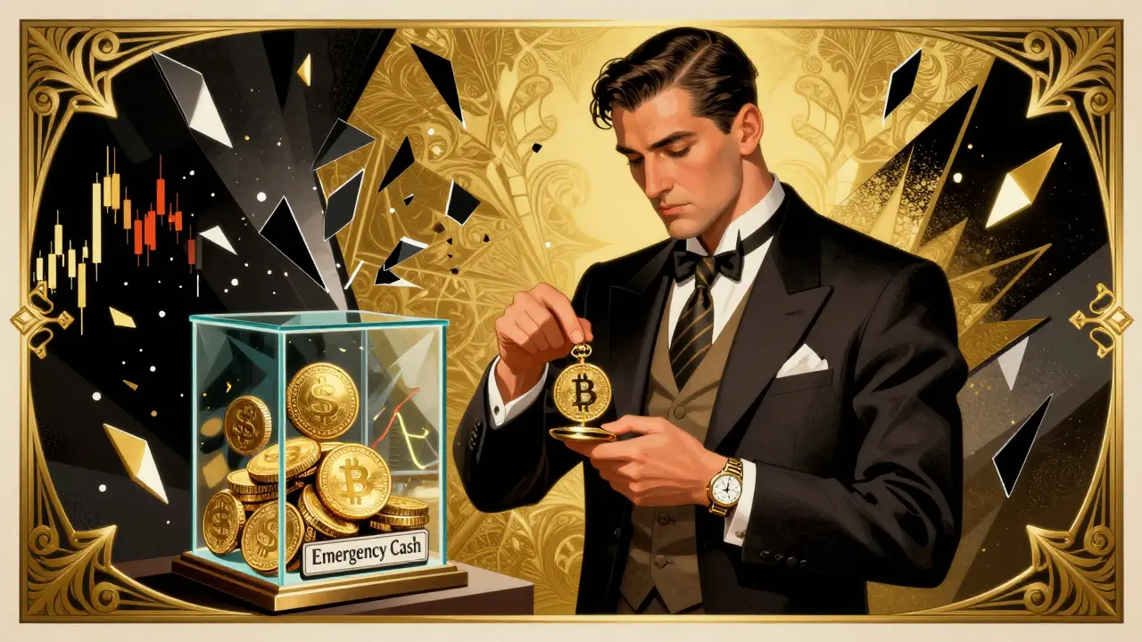 A stylish man calmly buys Bitcoin while market chaos shatters behind him, with stablecoins safely stored nearby.