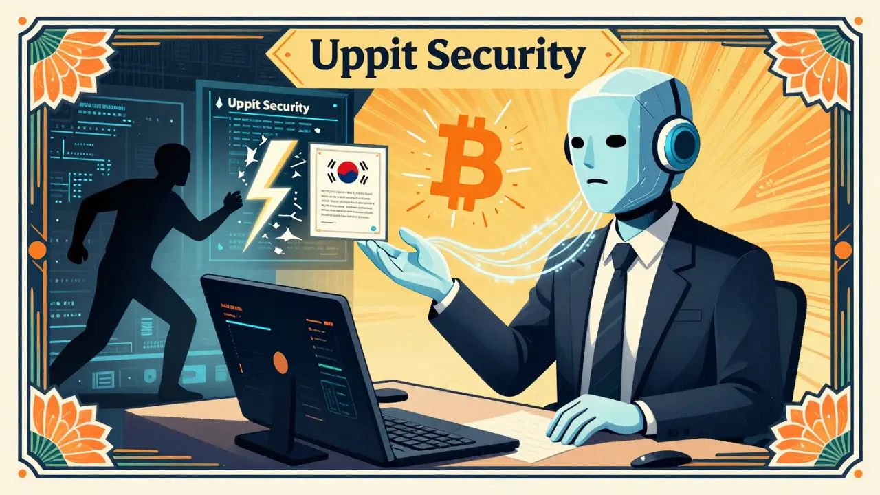 AI assistant guiding a Korean trader with data streams, while a firewall blocks hackers, framed by lotus motifs and Art Deco elegance.