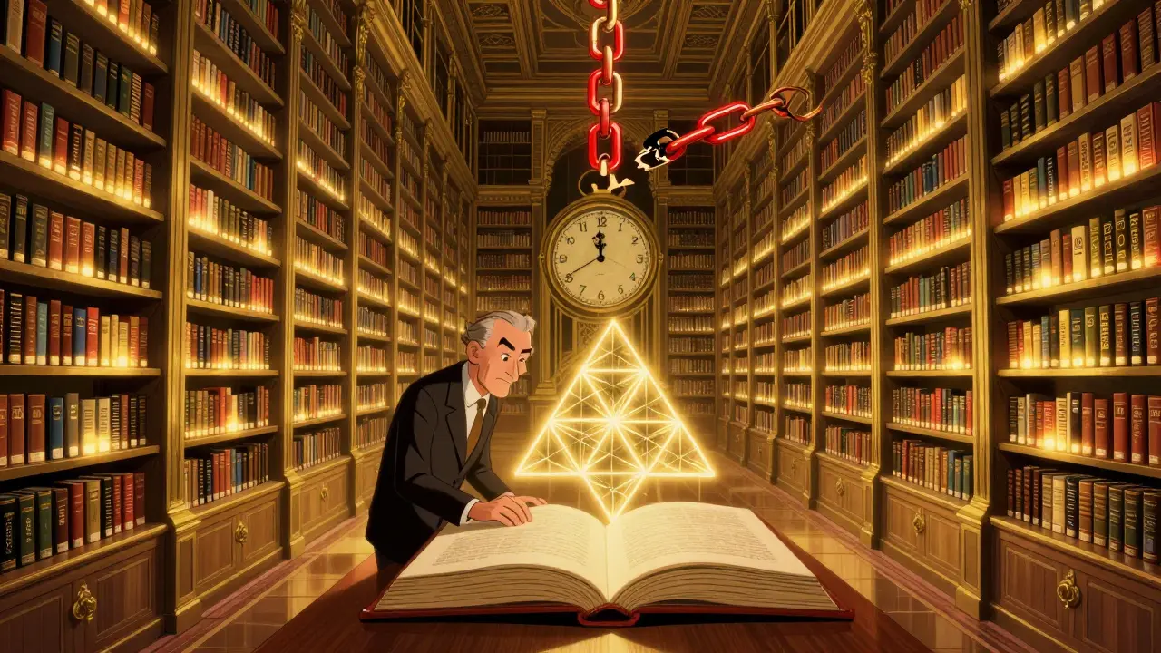 An infinite library of glowing blockchain books, with one broken link glowing red.