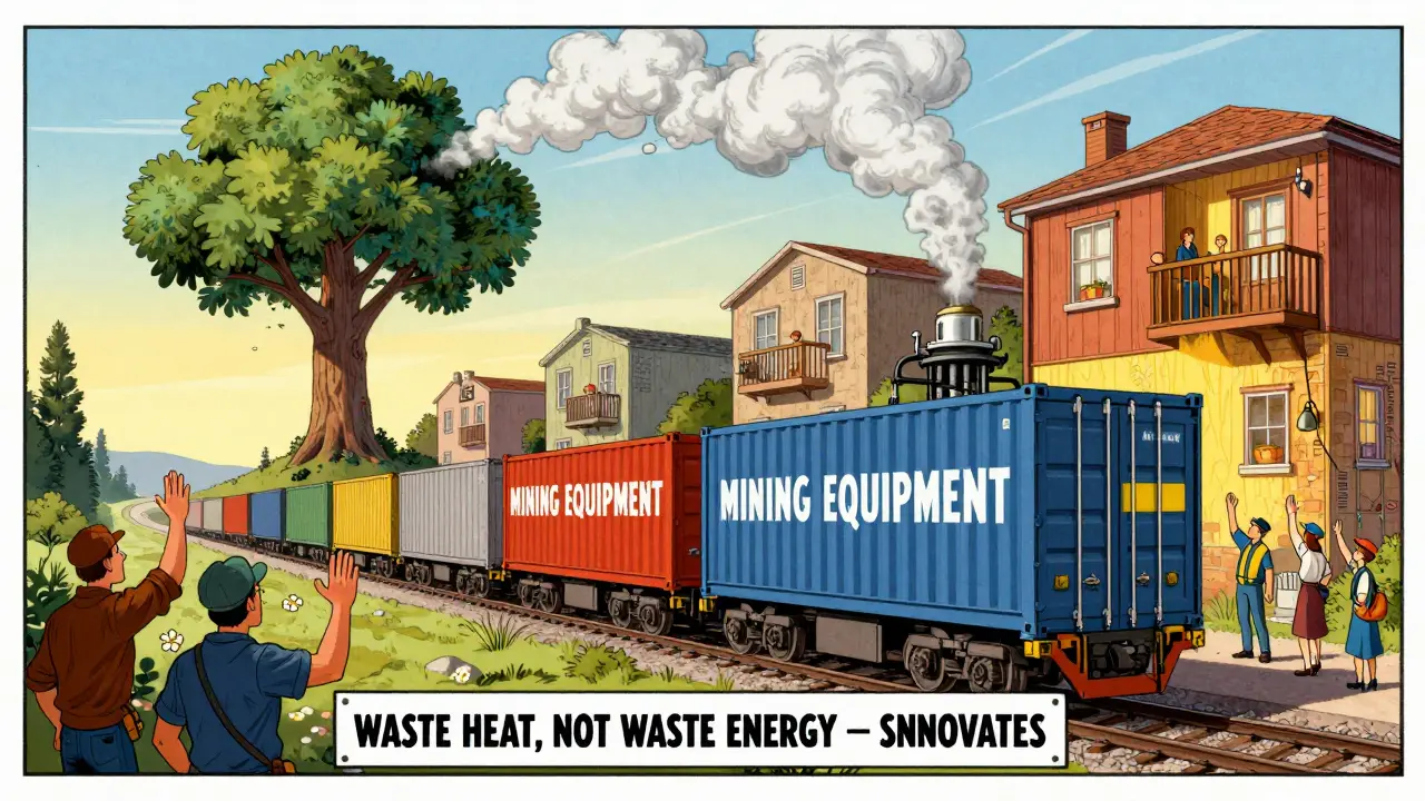 Art Deco scene showing mining equipment leaving Sweden while one unit heats homes, symbolizing innovation over waste.