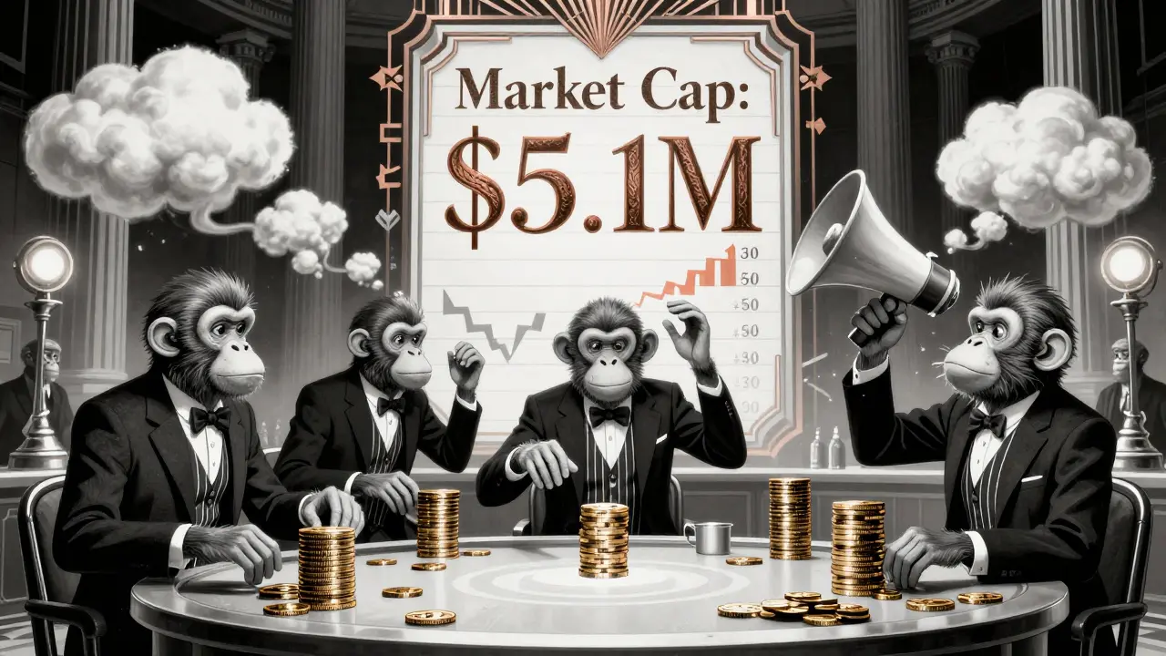 Art Deco trading floor with monkeys ignoring FUD and rumors, surrounded by low-volume market data.