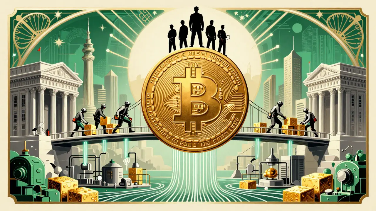 Bitcoin coin bridge connecting a Western bank to an Iranian city with miners and imported goods.