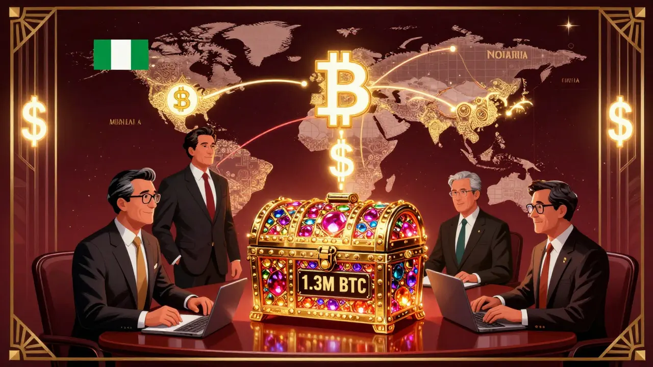 Corporate boardroom with a glowing Bitcoin treasury chest and global payment routes on a map.