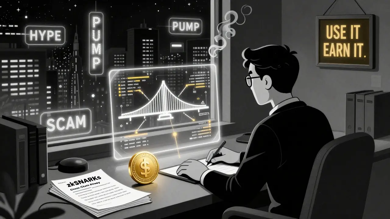 Developer in a study surrounded by holographic blockchains, with one glowing MCASH token and fading hype signs.