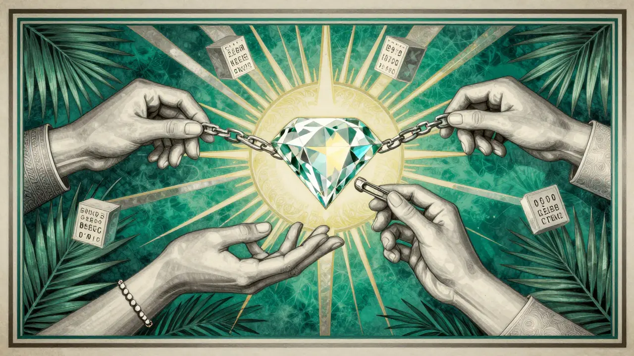 Diamond passed through elegant hands in Art Deco style, surrounded by blockchain blocks and geometric rays.