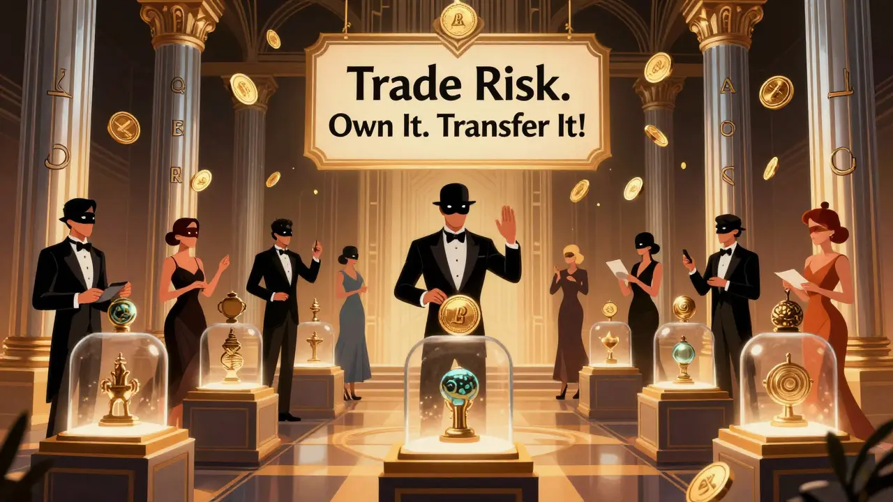 Elegant auction hall where NFT trading positions are displayed as artifacts under a cascade of DERI tokens.